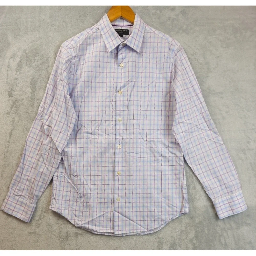 Banana Republic Slim Fit Cotton Purple Blue White Gingham Plaid Shirt Men Medium